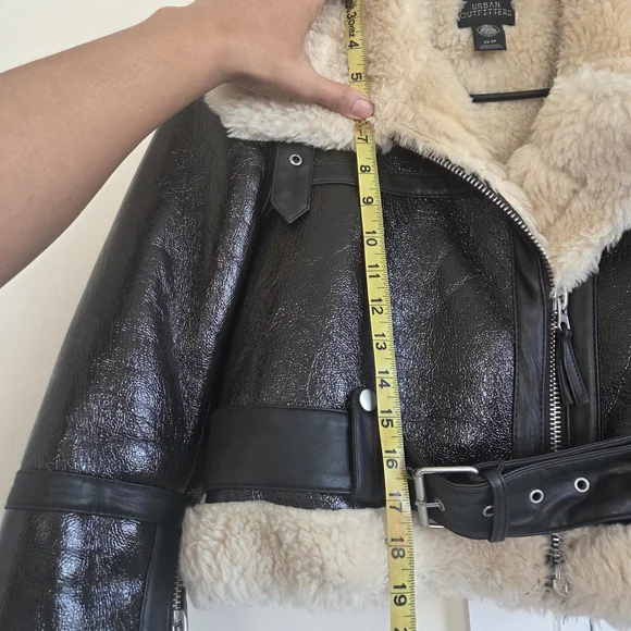 Faux Shearling Lined Dark Chocolate/Black Vinyl Faux Leather Jacket - Picture 7 of 9